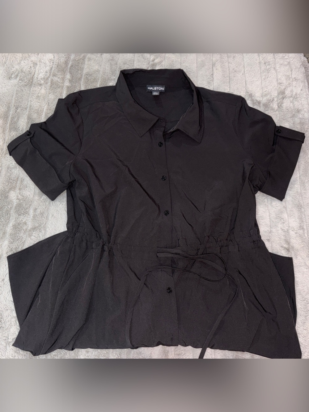 Halston Heritage Black Short-Sleeve Button Front Shirt Dress